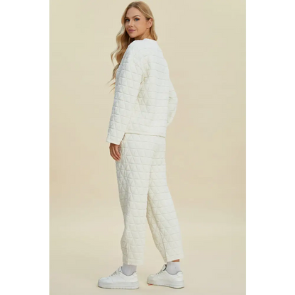 Double Take Full Size Texture Round Neck Long Sleeve Top and Pants Set.