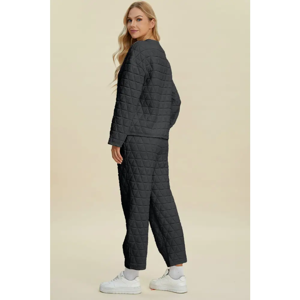 Double Take Full Size Texture Round Neck Long Sleeve Top and Pants Set.