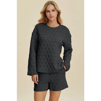 Double Take Full Size Texture Round Neck Long Sleeve Top and Shorts Set.
