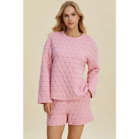 Double Take Full Size Texture Round Neck Long Sleeve Top and Shorts Set.