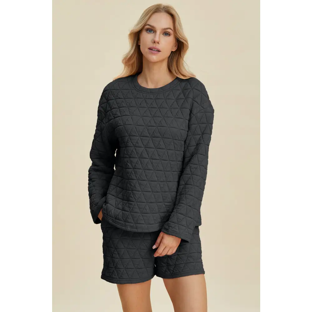Double Take Full Size Texture Round Neck Long Sleeve Top and Shorts Set.