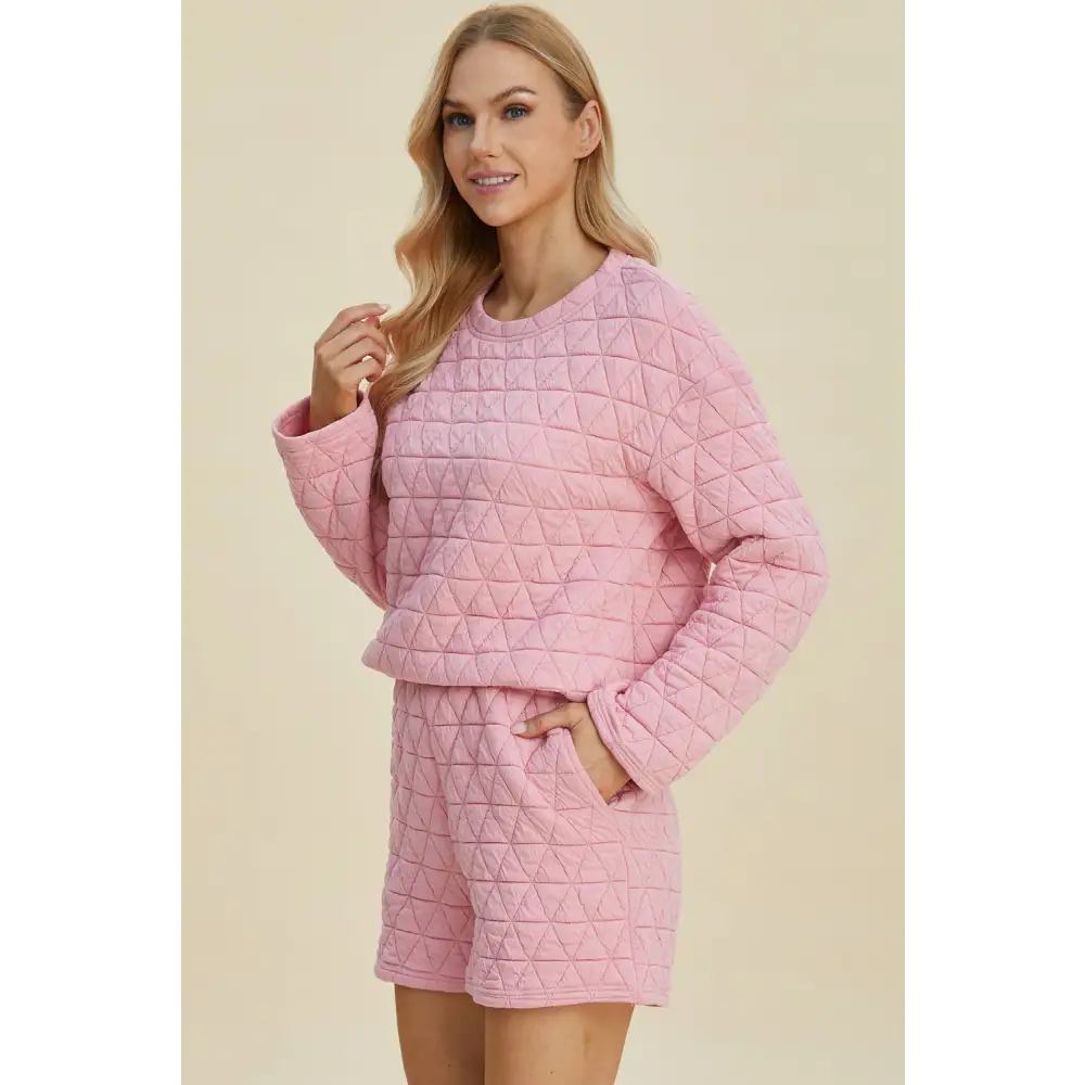 Double Take Full Size Texture Round Neck Long Sleeve Top and Shorts Set.