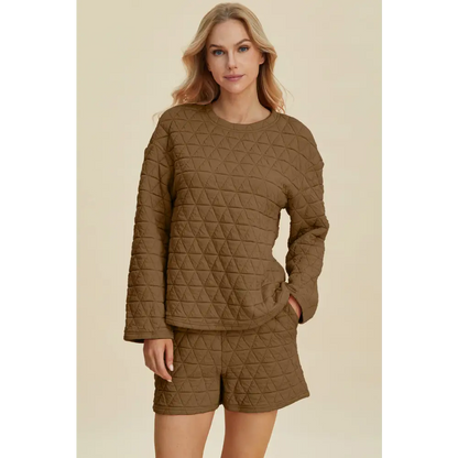 Double Take Full Size Texture Round Neck Long Sleeve Top and Shorts Set.