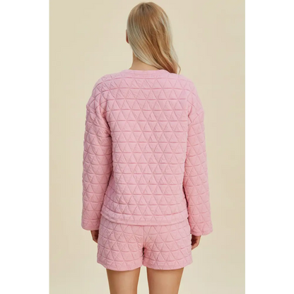 Double Take Full Size Texture Round Neck Long Sleeve Top and Shorts Set.