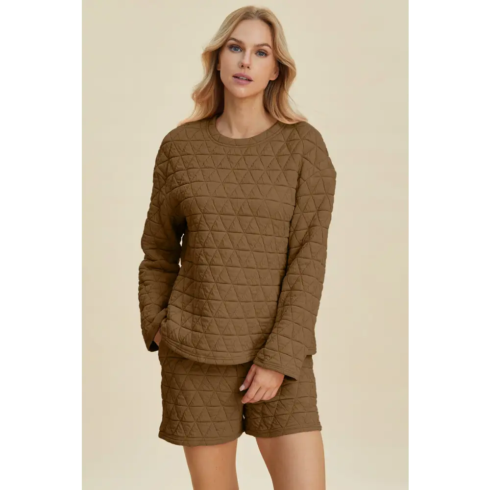 Double Take Full Size Texture Round Neck Long Sleeve Top and Shorts Set.