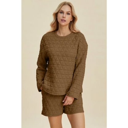 Double Take Full Size Texture Round Neck Long Sleeve Top and Shorts Set.