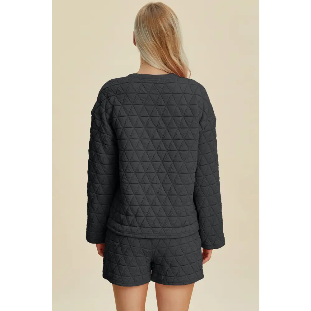 Double Take Full Size Texture Round Neck Long Sleeve Top and Shorts Set.