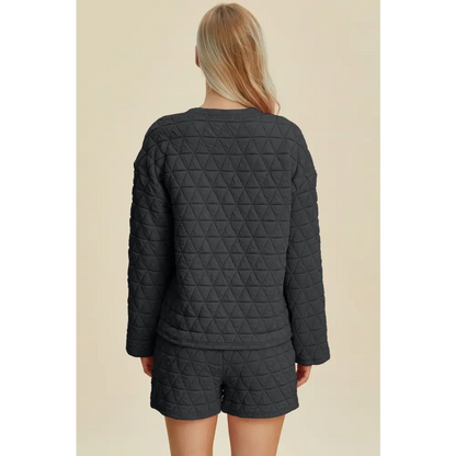 Double Take Full Size Texture Round Neck Long Sleeve Top and Shorts Set.