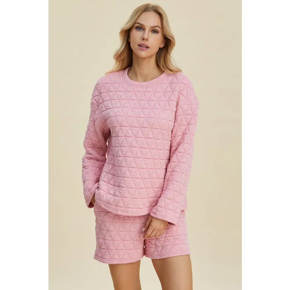 Double Take Full Size Texture Round Neck Long Sleeve Top and Shorts Set.