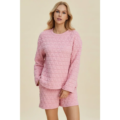 Double Take Full Size Texture Round Neck Long Sleeve Top and Shorts Set.