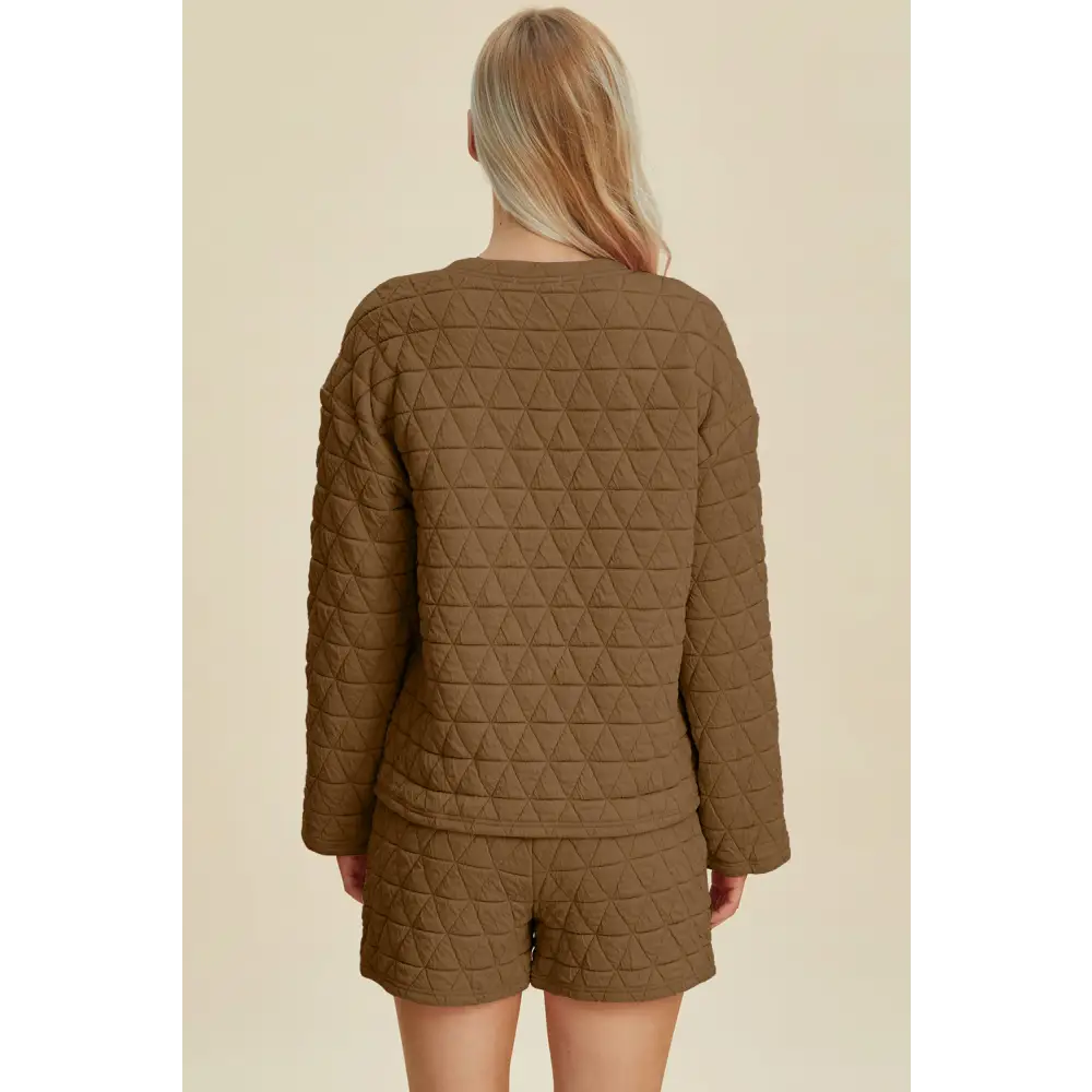 Double Take Full Size Texture Round Neck Long Sleeve Top and Shorts Set.