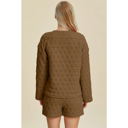 Double Take Full Size Texture Round Neck Long Sleeve Top and Shorts Set.