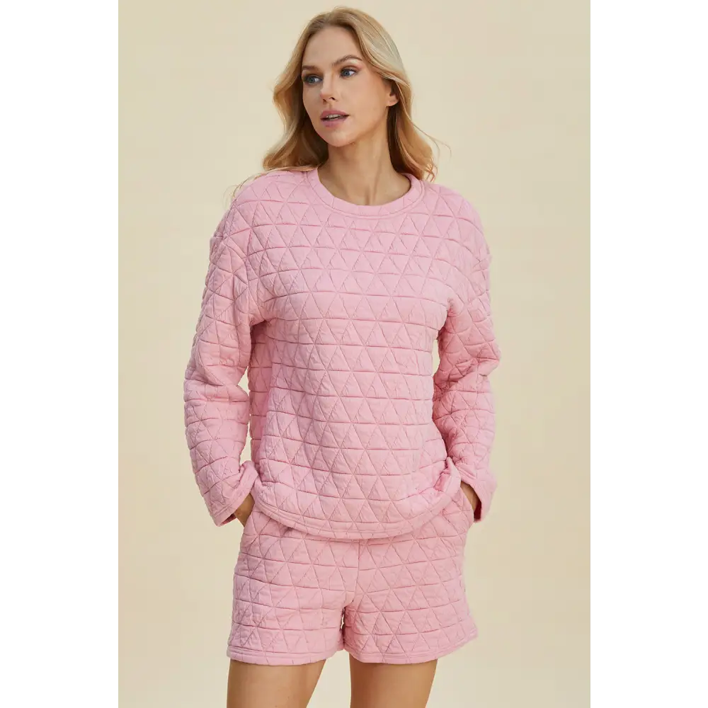Double Take Full Size Texture Round Neck Long Sleeve Top and Shorts Set.