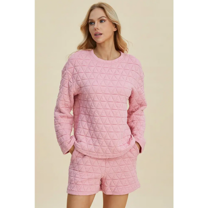 Double Take Full Size Texture Round Neck Long Sleeve Top and Shorts Set.