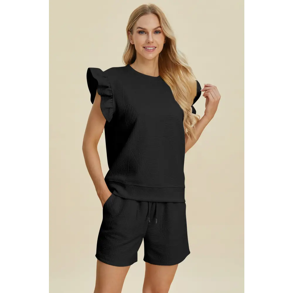 Double Take Full Size Texture Round Neck Ruffle Sleeve Top and Shorts Set.