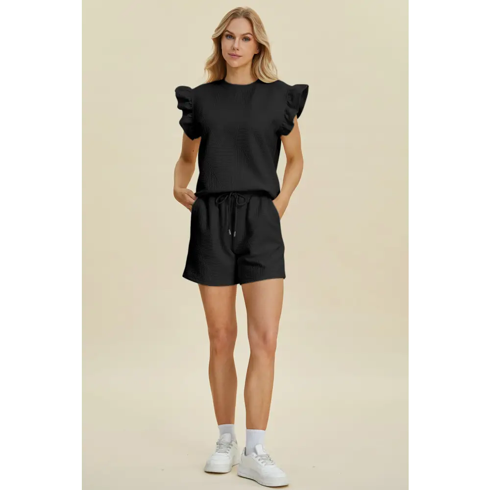 Double Take Full Size Texture Round Neck Ruffle Sleeve Top and Shorts Set.