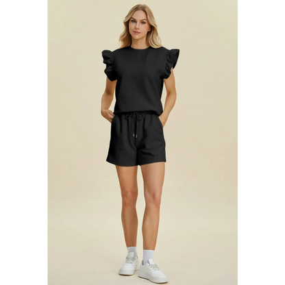 Double Take Full Size Texture Round Neck Ruffle Sleeve Top and Shorts Set.
