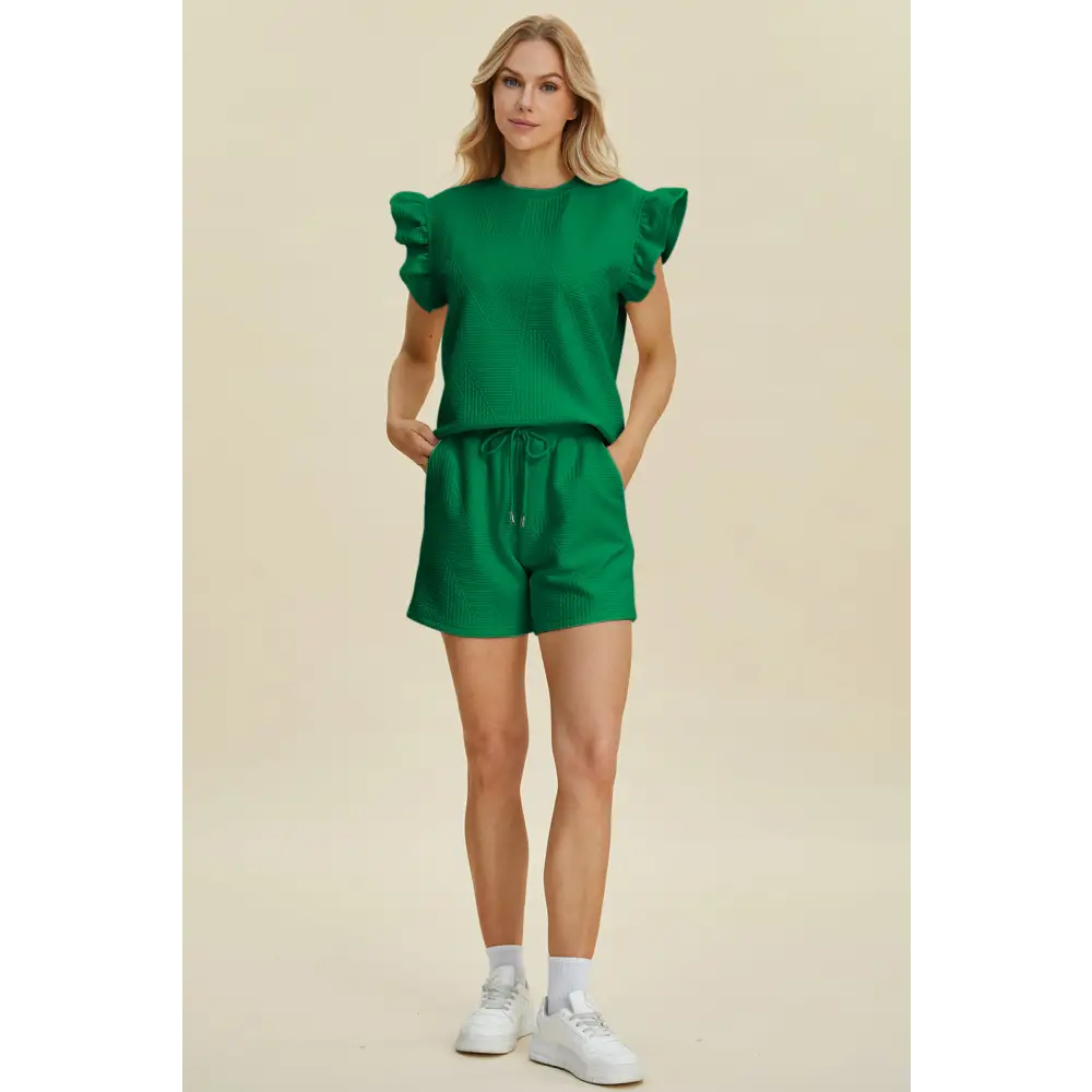 Double Take Full Size Texture Round Neck Ruffle Sleeve Top and Shorts Set.