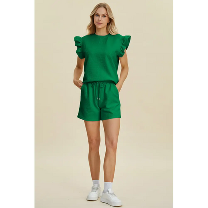 Double Take Full Size Texture Round Neck Ruffle Sleeve Top and Shorts Set.