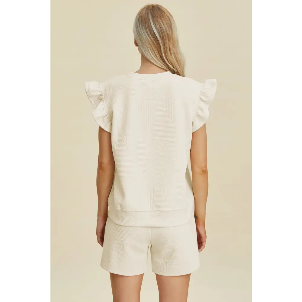 Double Take Full Size Texture Round Neck Ruffle Sleeve Top and Shorts Set.