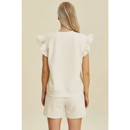 Double Take Full Size Texture Round Neck Ruffle Sleeve Top and Shorts Set.