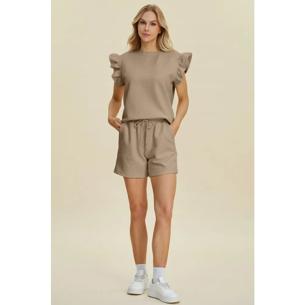 Double Take Full Size Texture Round Neck Ruffle Sleeve Top and Shorts Set.