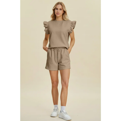 Double Take Full Size Texture Round Neck Ruffle Sleeve Top and Shorts Set.