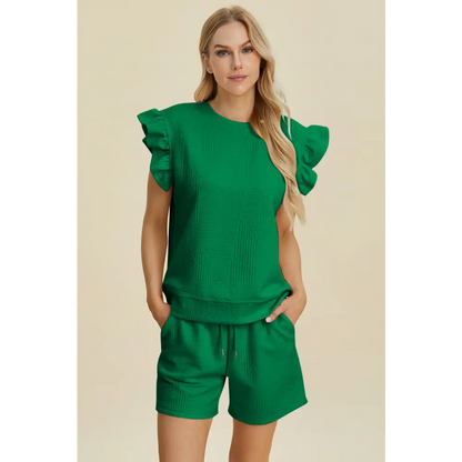 Double Take Full Size Texture Round Neck Ruffle Sleeve Top and Shorts Set.