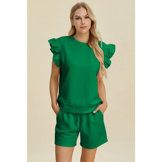 Double Take Full Size Texture Round Neck Ruffle Sleeve Top and Shorts Set.