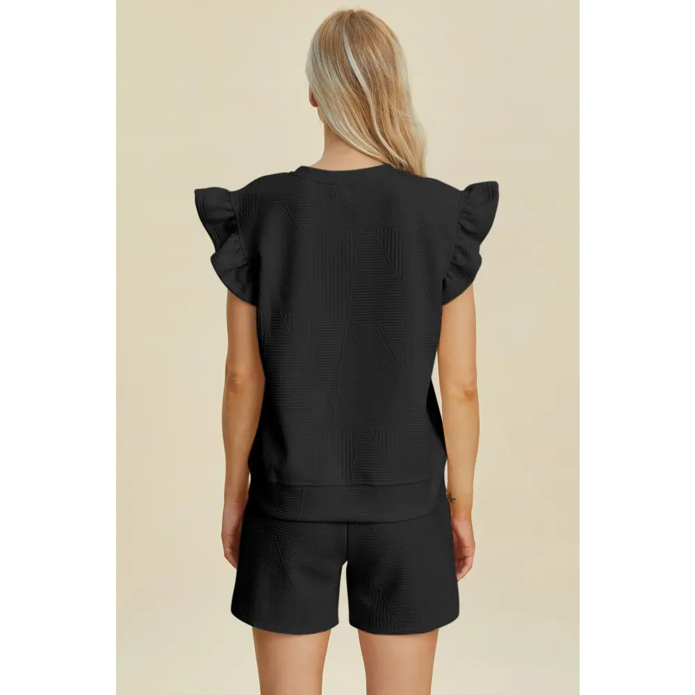 Double Take Full Size Texture Round Neck Ruffle Sleeve Top and Shorts Set.