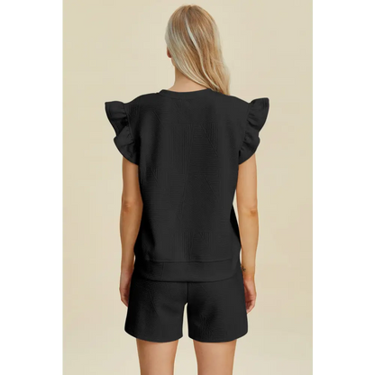 Double Take Full Size Texture Round Neck Ruffle Sleeve Top and Shorts Set.