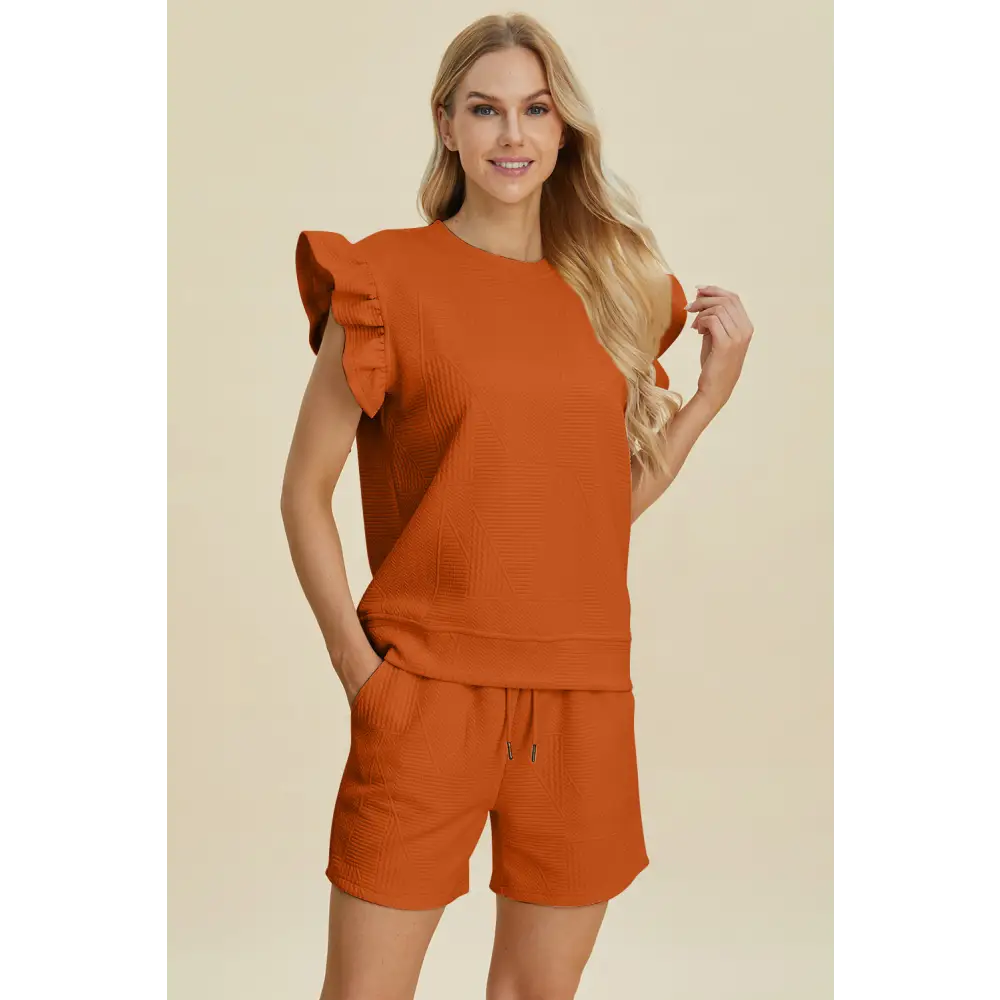 Double Take Full Size Texture Round Neck Ruffle Sleeve Top and Shorts Set.