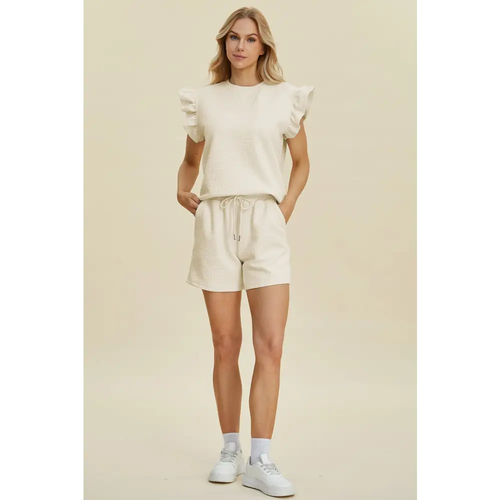 Double Take Full Size Texture Round Neck Ruffle Sleeve Top and Shorts Set.