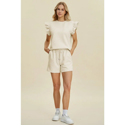 Double Take Full Size Texture Round Neck Ruffle Sleeve Top and Shorts Set.