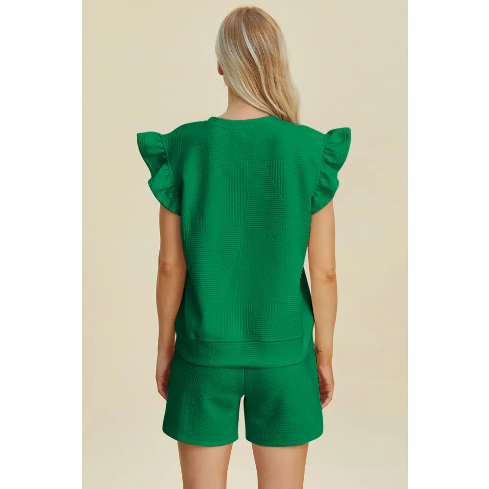 Double Take Full Size Texture Round Neck Ruffle Sleeve Top and Shorts Set.