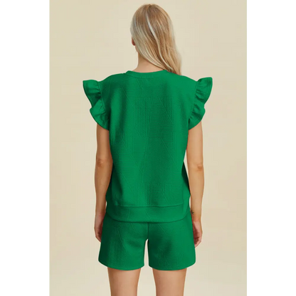 Double Take Full Size Texture Round Neck Ruffle Sleeve Top and Shorts Set.