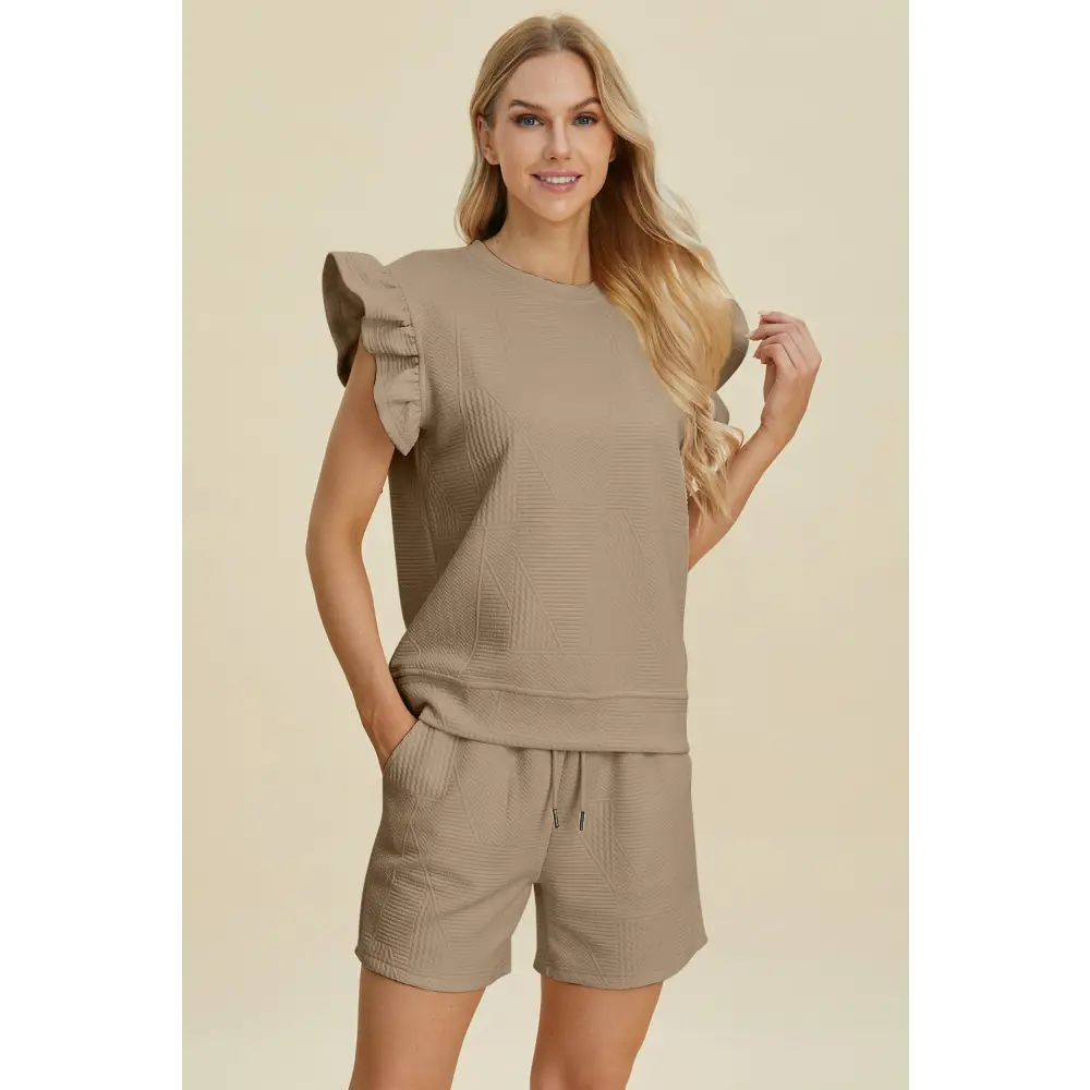 Double Take Full Size Texture Round Neck Ruffle Sleeve Top and Shorts Set.