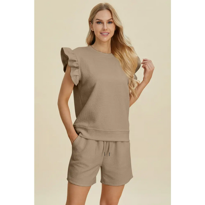 Double Take Full Size Texture Round Neck Ruffle Sleeve Top and Shorts Set.