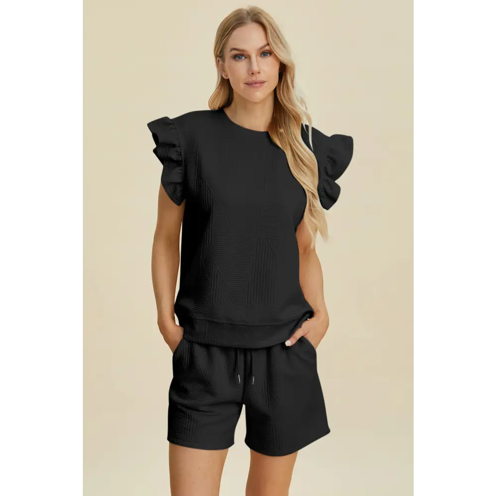 Double Take Full Size Texture Round Neck Ruffle Sleeve Top and Shorts Set.