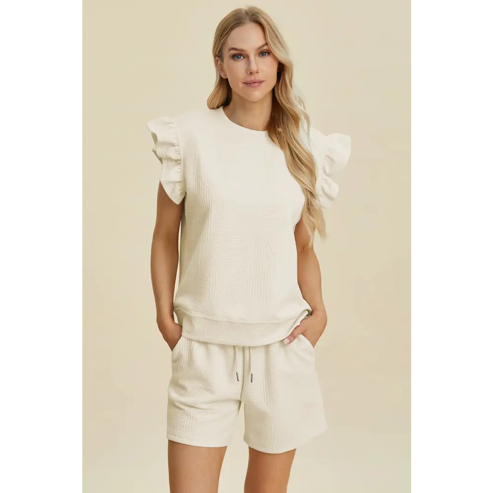 Double Take Full Size Texture Round Neck Ruffle Sleeve Top and Shorts Set.