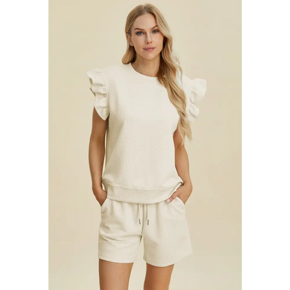 Double Take Full Size Texture Round Neck Ruffle Sleeve Top and Shorts Set.