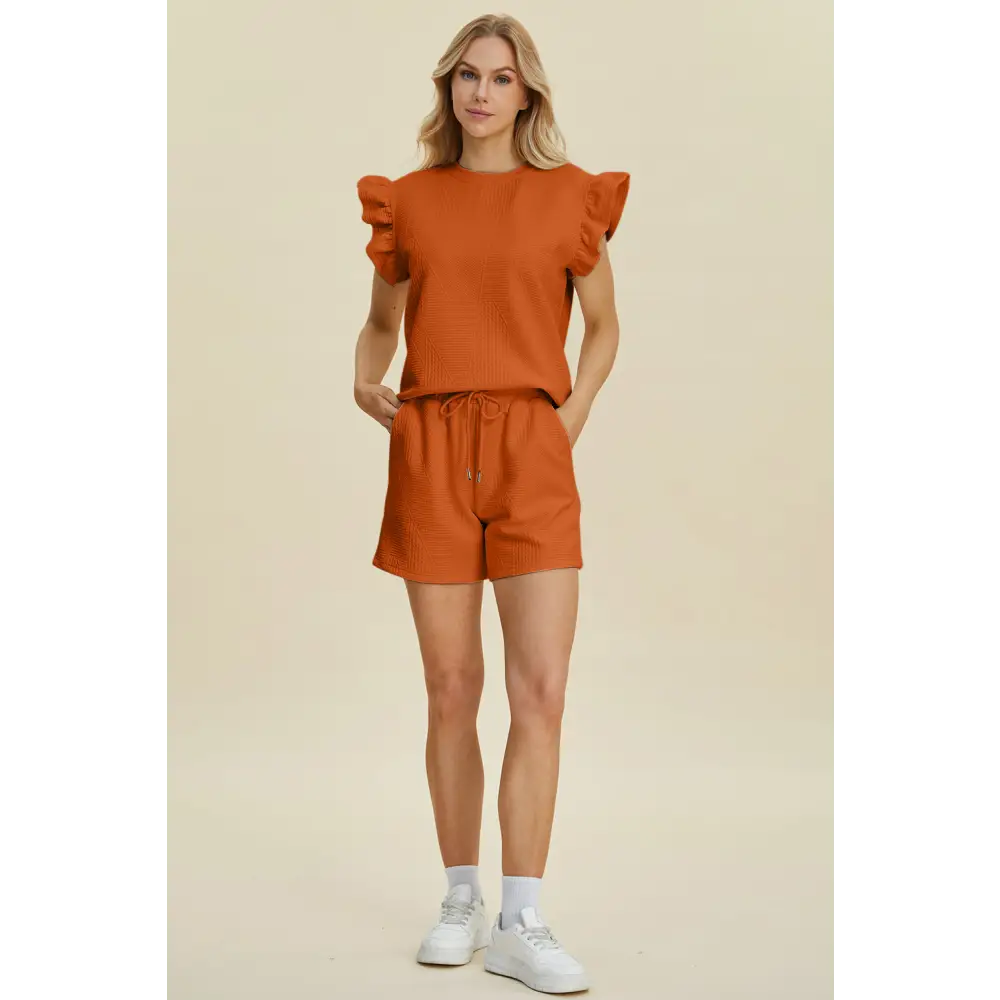 Double Take Full Size Texture Round Neck Ruffle Sleeve Top and Shorts Set - KRIFFA 