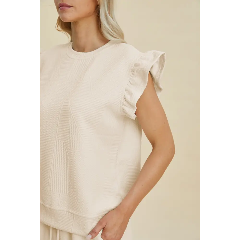 Double Take Full Size Texture Round Neck Ruffle Sleeve Top and Shorts Set.
