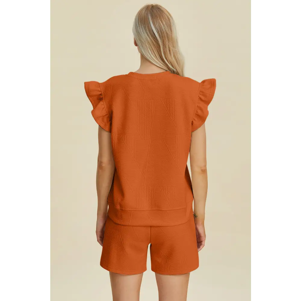 Double Take Full Size Texture Round Neck Ruffle Sleeve Top and Shorts Set - KRIFFA 