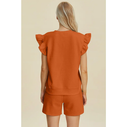 Double Take Full Size Texture Round Neck Ruffle Sleeve Top and Shorts Set - KRIFFA 