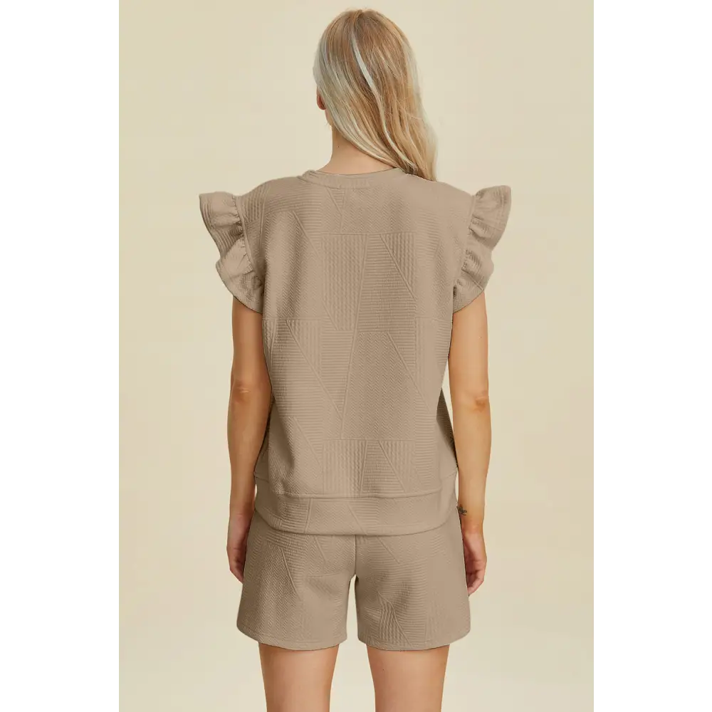 Double Take Full Size Texture Round Neck Ruffle Sleeve Top and Shorts Set.