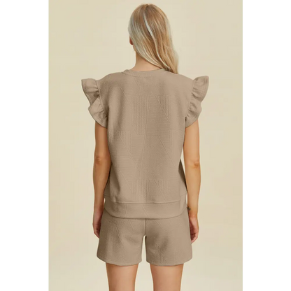 Double Take Full Size Texture Round Neck Ruffle Sleeve Top and Shorts Set.