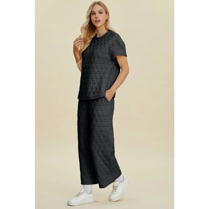 Double Take Full Size Texture Round Neck Short Sleeve Top and Pants Set.