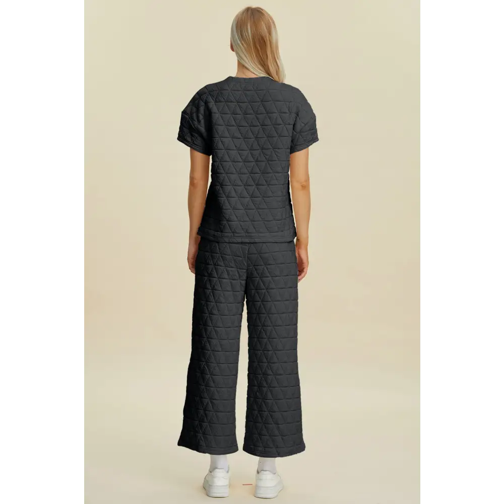 Double Take Full Size Texture Round Neck Short Sleeve Top and Pants Set.