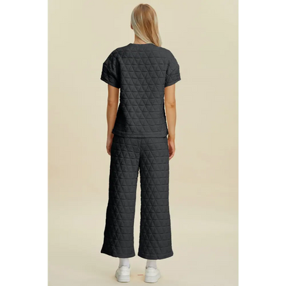 Double Take Full Size Texture Round Neck Short Sleeve Top and Pants Set.